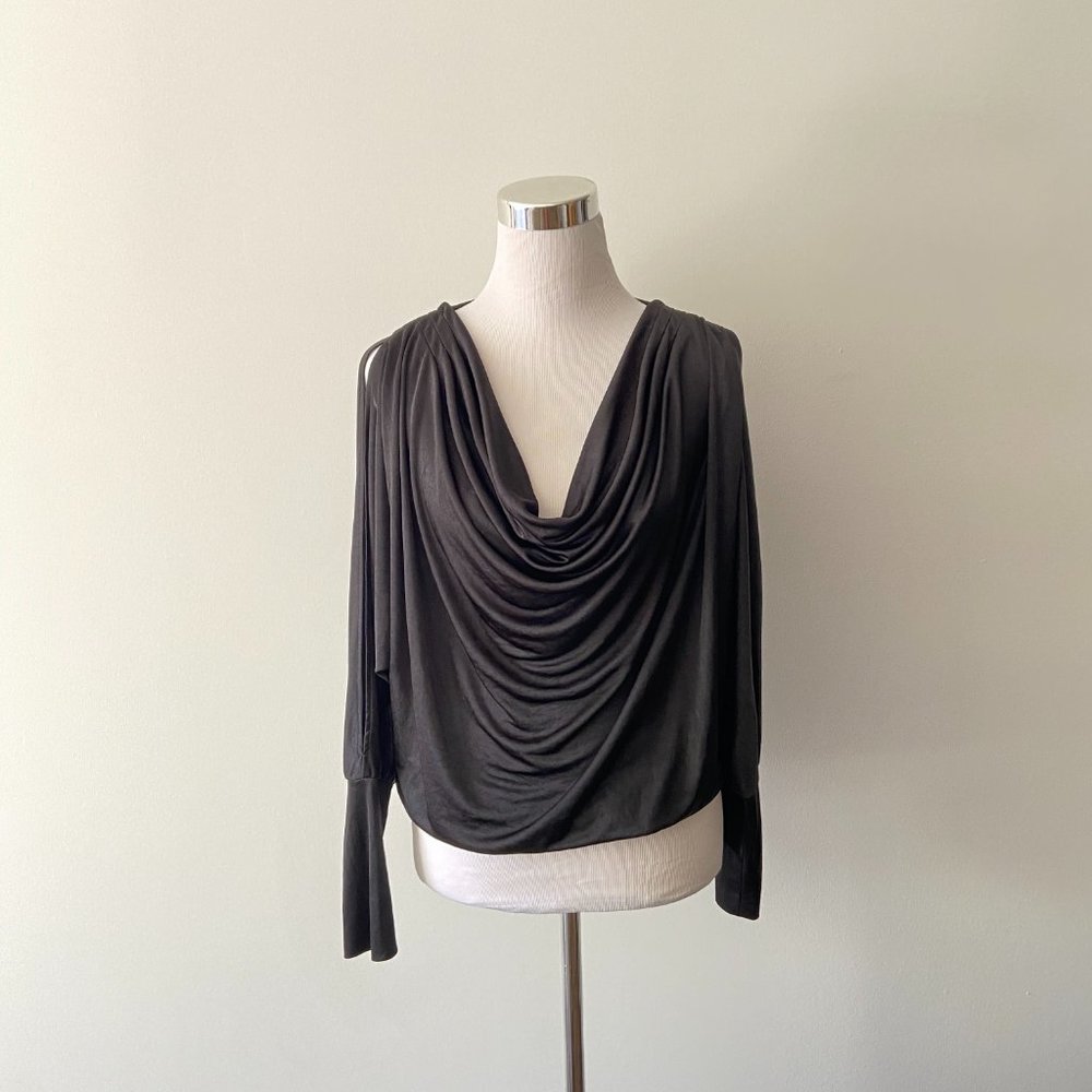 BCBGMaxAzria Womens Black Draped Cowl Neck Cold Shoulder Blouse